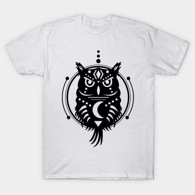 Owl Geometric Tribal Black T-Shirt by Cosmic Dust Art